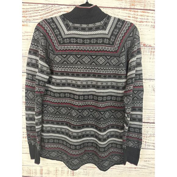 Mens Eddie Bauer Black Gray Mock Neck 1/4 Zip Fair Isle Sweater Nordic Print L - Picture 3 of 6